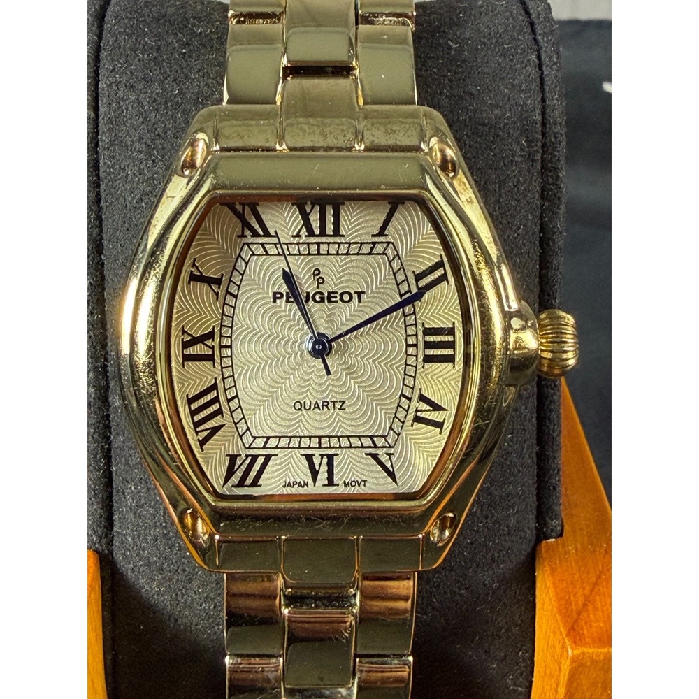 Peugeot 7069 Gold Tone Quartz Bracelet Guilloche Tonneau Rectangle Watch